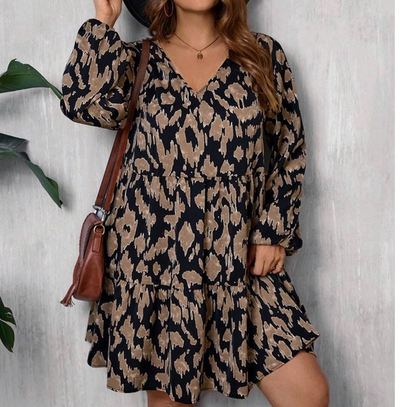 Dresses Maternity Leopard Print V Neck Ruffle Hem Long Sleeve Dress
